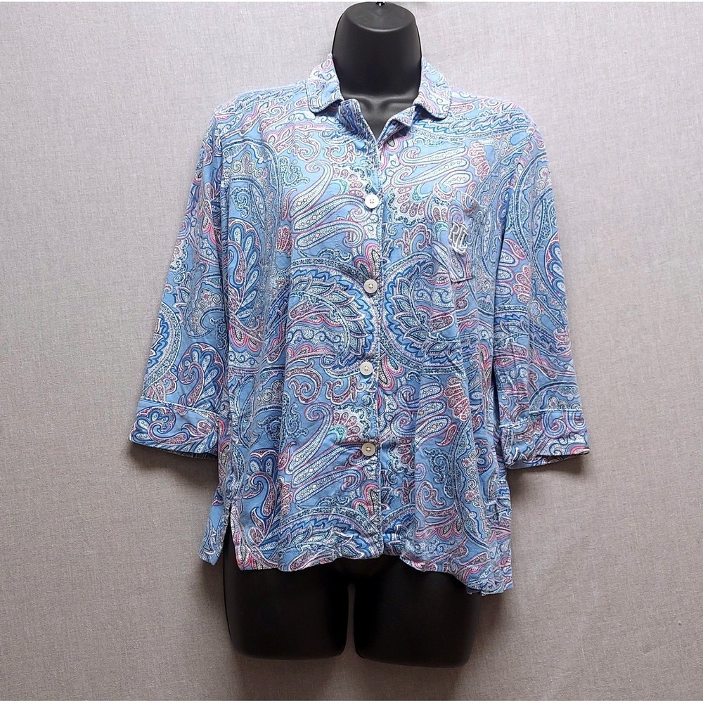Lauren Ralph Lauren Women PM Blue Paisley Pajama Top Button Classic Sleepwear
